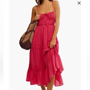Free people Taking Sides Tiered Cotton Maxi Dress Pink Size Large